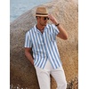 COOFANDY Men 2 Piece Linen Outfit Beach Button Down Shirt Casual Loose Pant Sets(Blue Stripes Shirt/White Pants)