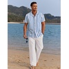 COOFANDY Men 2 Piece Linen Outfit Beach Button Down Shirt Casual Loose Pant Sets(Blue Stripes Shirt/White Pants)