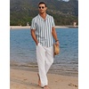 COOFANDY Men 2 Piece Linen Outfit Beach Button Down Shirt Casual Loose Pant Sets(Grey Green Stripes Shirt/White Pants)