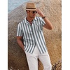 COOFANDY Men 2 Piece Linen Outfit Beach Button Down Shirt Casual Loose Pant Sets(Grey Green Stripes Shirt/White Pants)