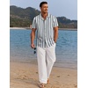 COOFANDY Men 2 Piece Linen Outfit Beach Button Down Shirt Casual Loose Pant Sets(Grey Green Stripes Shirt/White Pants)
