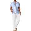 COOFANDY Men 2 Piece Linen Outfit Beach Button Down Shirt Casual Loose Pant Sets(Blue Stripes Shirt/White Pants)