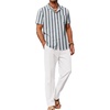 COOFANDY Men 2 Piece Linen Outfit Beach Button Down Shirt Casual Loose Pant Sets(Grey Green Stripes Shirt/White Pants)