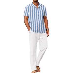 COOFANDY Men 2 Piece Linen Outfit Beach Button Down Shirt Casual Loose Pant Sets(Blue Stripes Shirt/White Pants)