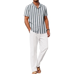 COOFANDY Men 2 Piece Linen Outfit Beach Button Down Shirt Casual Loose Pant Sets(Grey Green Stripes Shirt/White Pants)