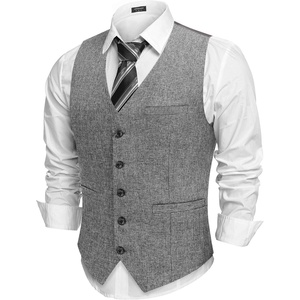 COOFANDY Men Casual Suit Vest Formal Dress Vest Slim Fit Waistcoat Business Wedding(Line White Grey)