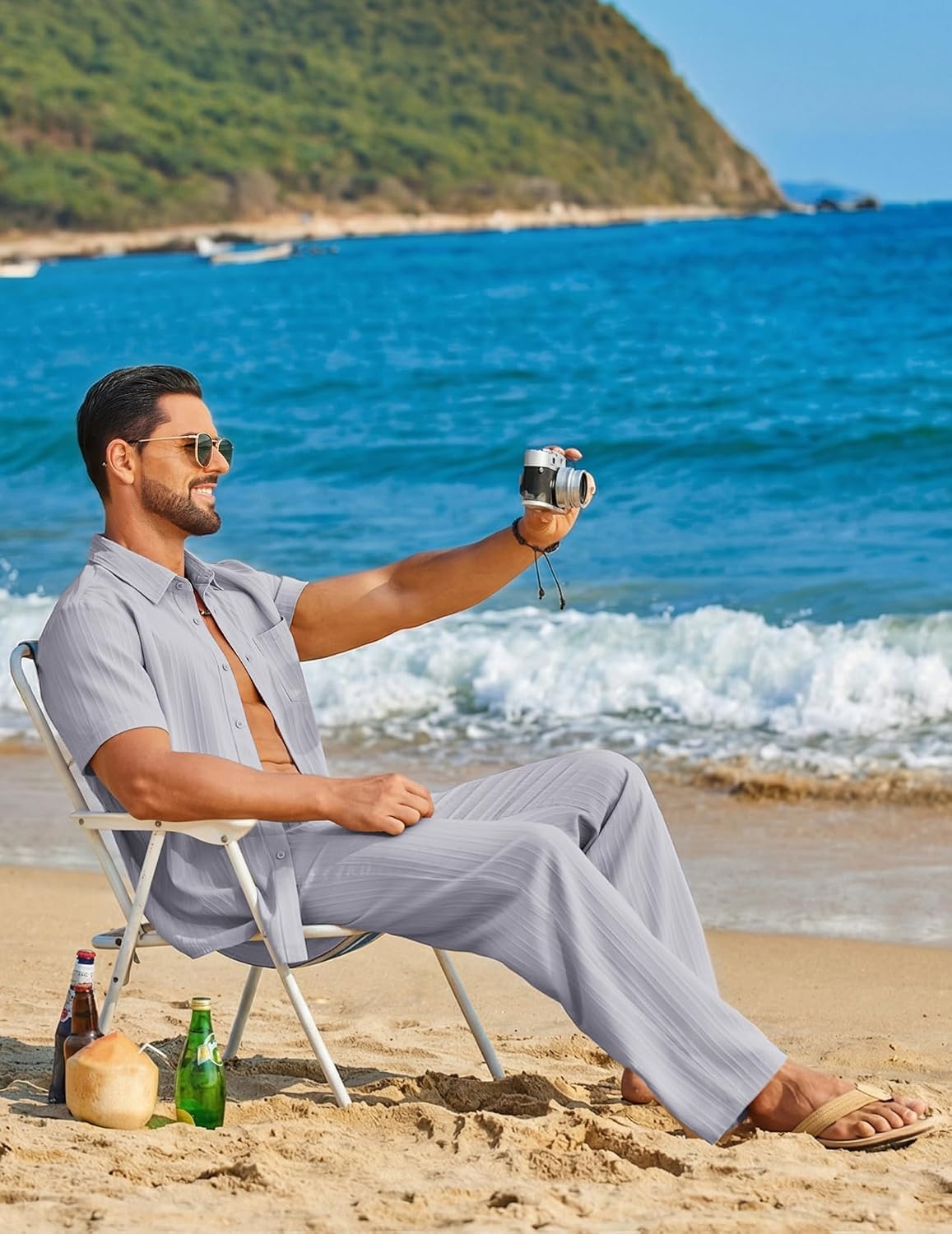 image:imageCOOFANDY Mens 2 Piece Sets Summer Outfits Short Sleeve Button Down Shirt Loose Pant Sets Beach Vacation OutfitsLight Grey