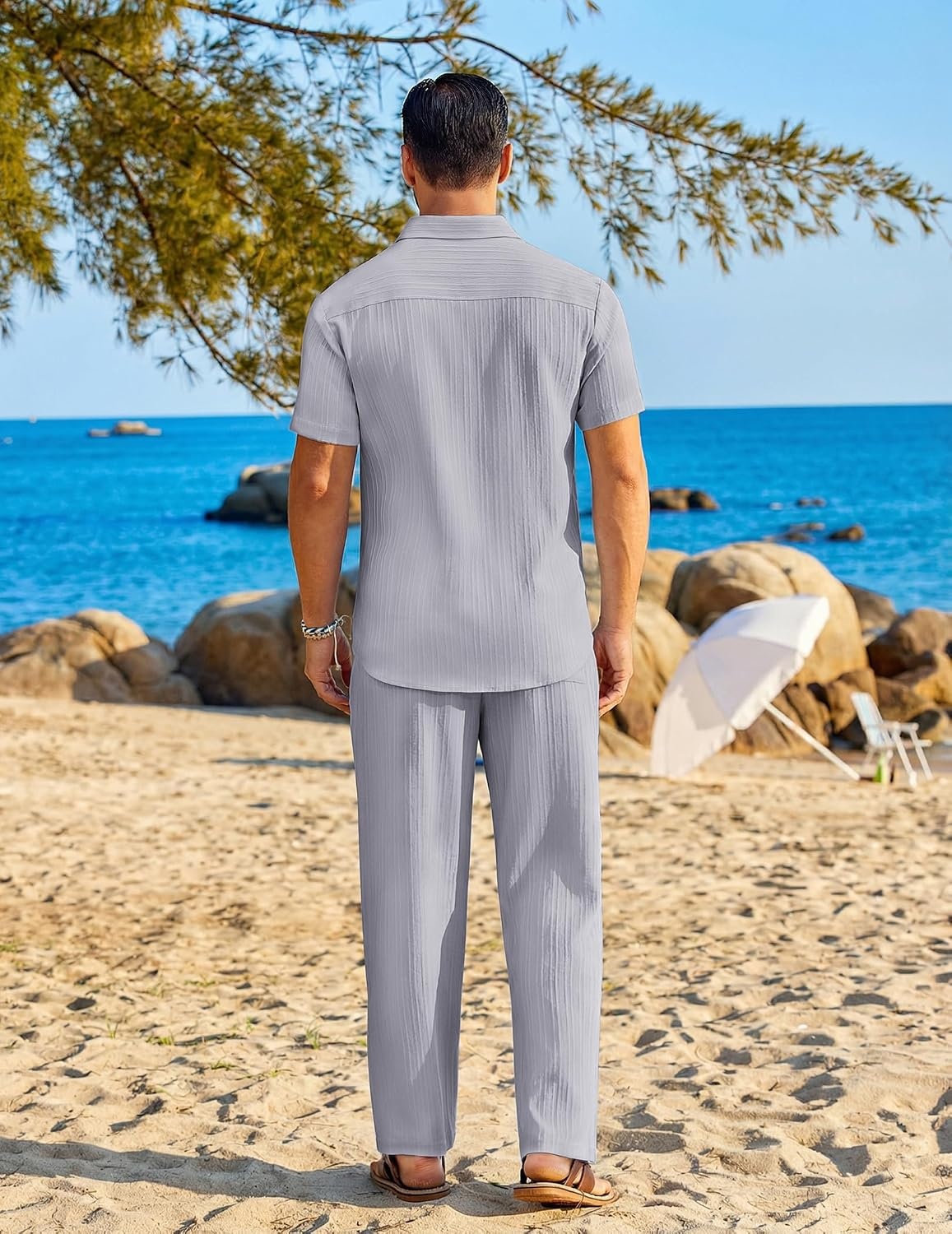 image:imageCOOFANDY Mens 2 Piece Sets Summer Outfits Short Sleeve Button Down Shirt Loose Pant Sets Beach Vacation OutfitsLight Grey