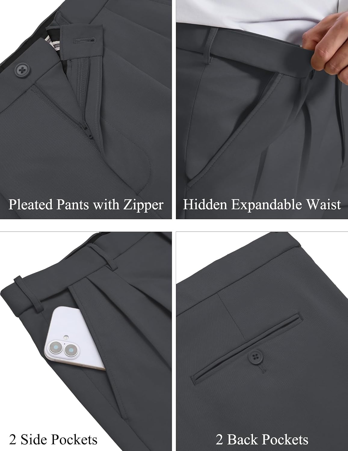 image:imageCOOFANDY Mens Classic Fit Dress Pants Expandable Waist Suit Pant Pleated Front SlacksDark Grey
