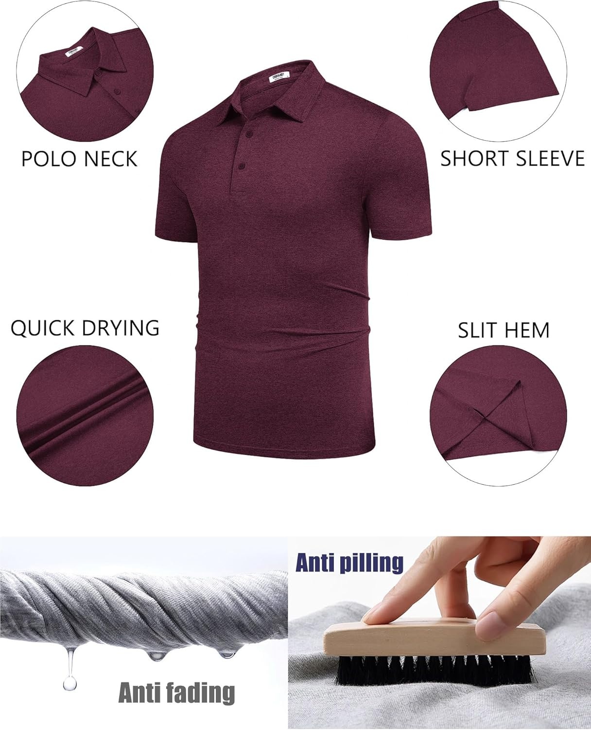 image:imageCOOFANDY Mens Polo Shirt Golf Quick Dry Performance Short Sleeve Moisture Wicking Athletic Polo Collared Tennis TShirtCrimson Red