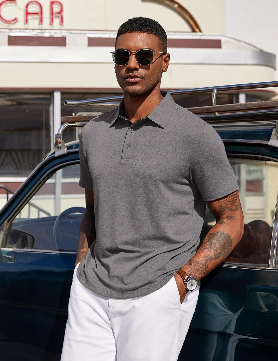 image:imageCOOFANDY Mens Polo Shirts Short Sleeve Casual Summer Polo Tee Classic Collared Golf Stylish TopsGrey