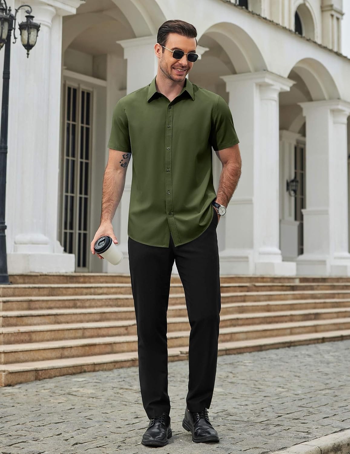 image:imageCOOFANDY Mens Short Sleeve Dress Shirts Stretch Wrinkle Free Untucked Casual Button Down ShirtArmy Green