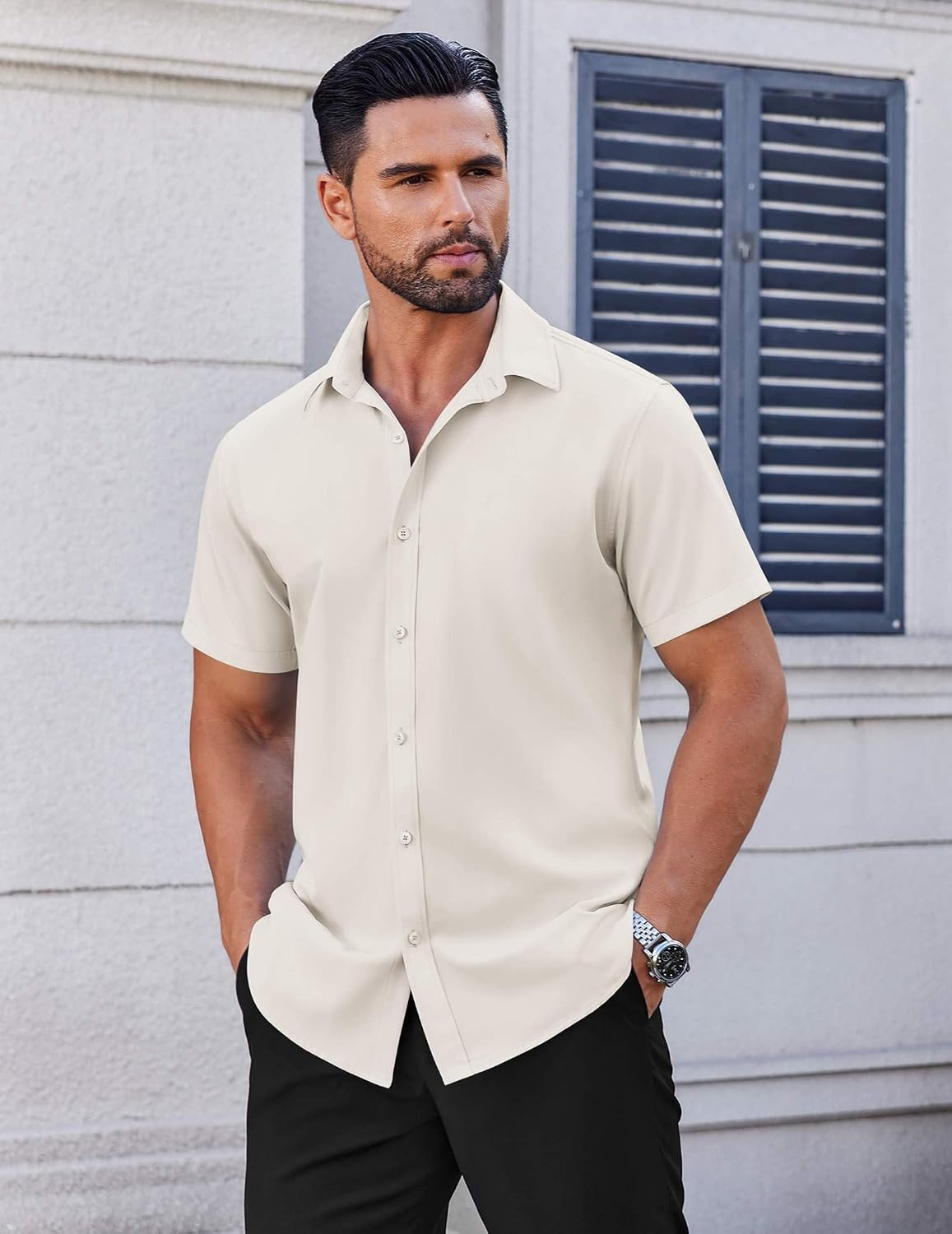 image:imageCOOFANDY Mens Short Sleeve Dress Shirts Stretch Wrinkle Free Untucked Casual Button Down ShirtBeige