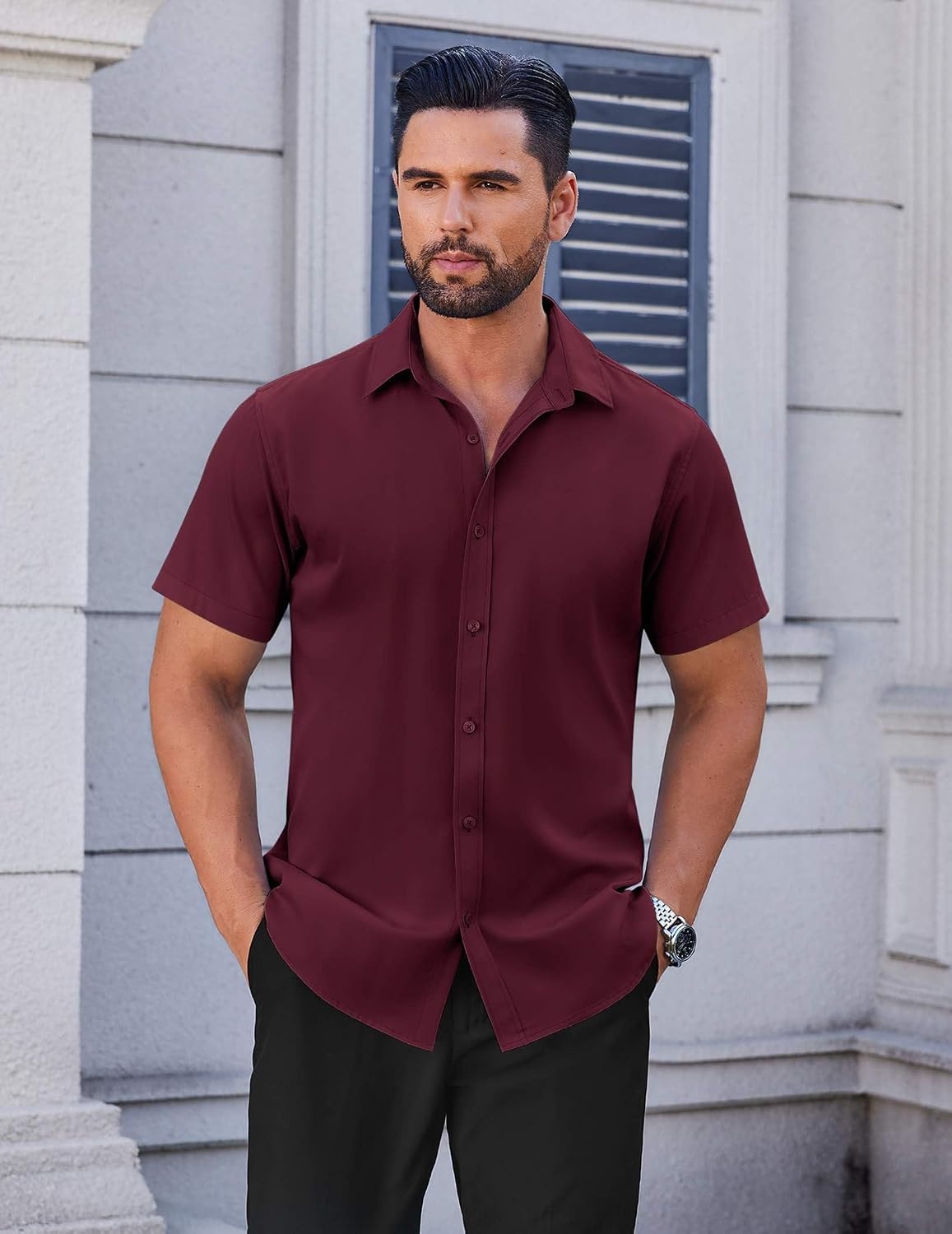 image:imageCOOFANDY Mens Short Sleeve Dress Shirts Stretch Wrinkle Free Untucked Casual Button Down ShirtBurgundy