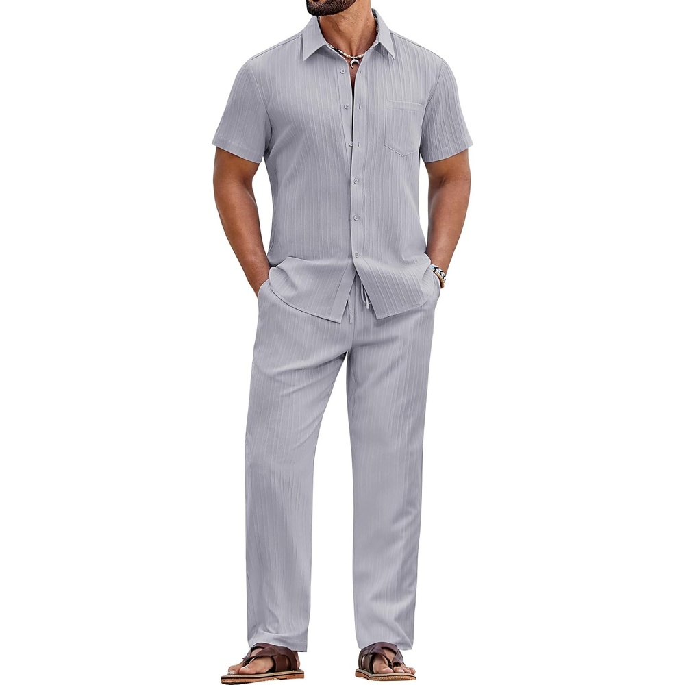 image:imageCOOFANDY Mens 2 Piece Sets Summer Outfits Short Sleeve Button Down Shirt Loose Pant Sets Beach Vacation OutfitsLight Grey