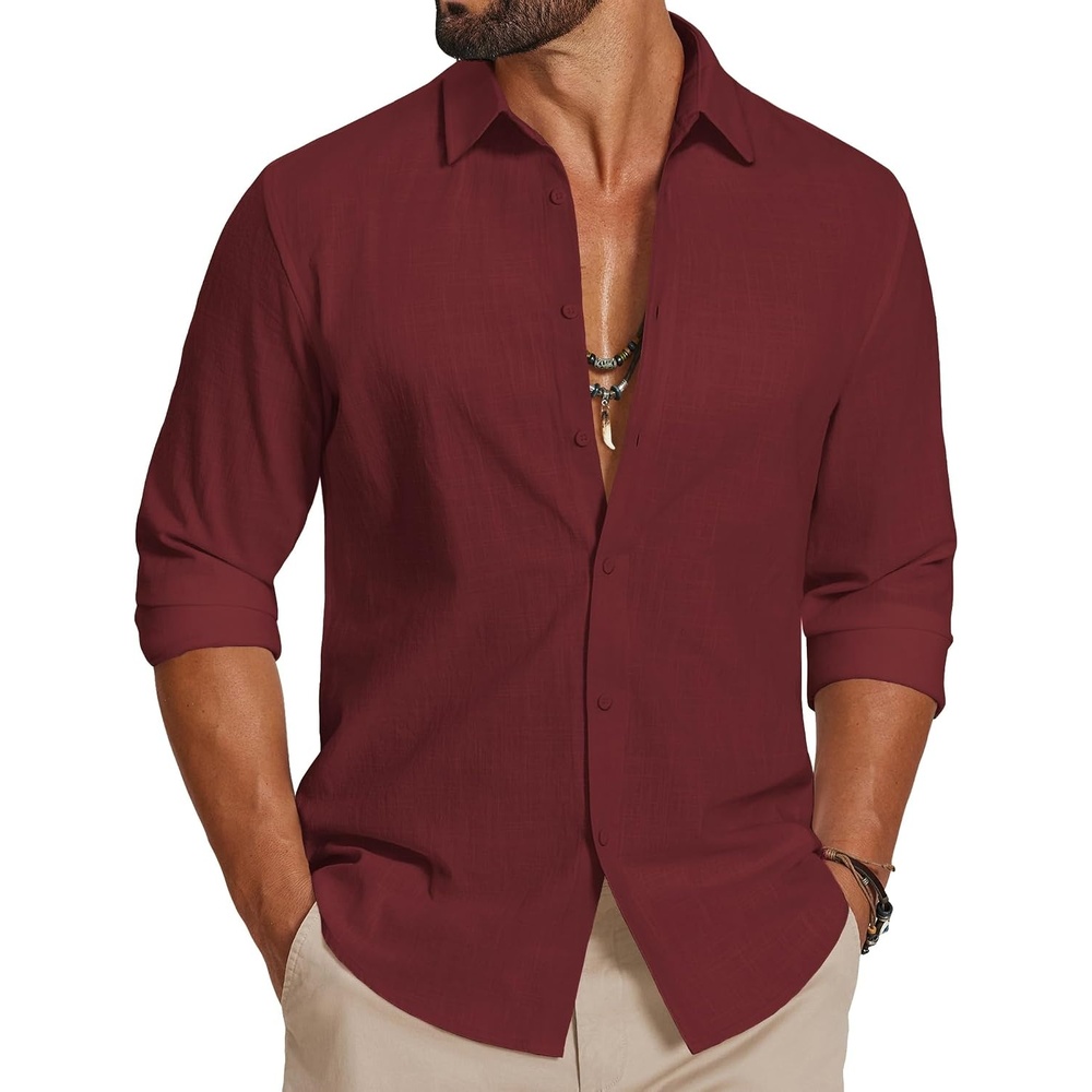 image:imageCOOFANDY Mens Casual Button Down Shirts Long Sleeve Cotton Beach Wedding Shirt Summer Linen Shirt for MenWine Red