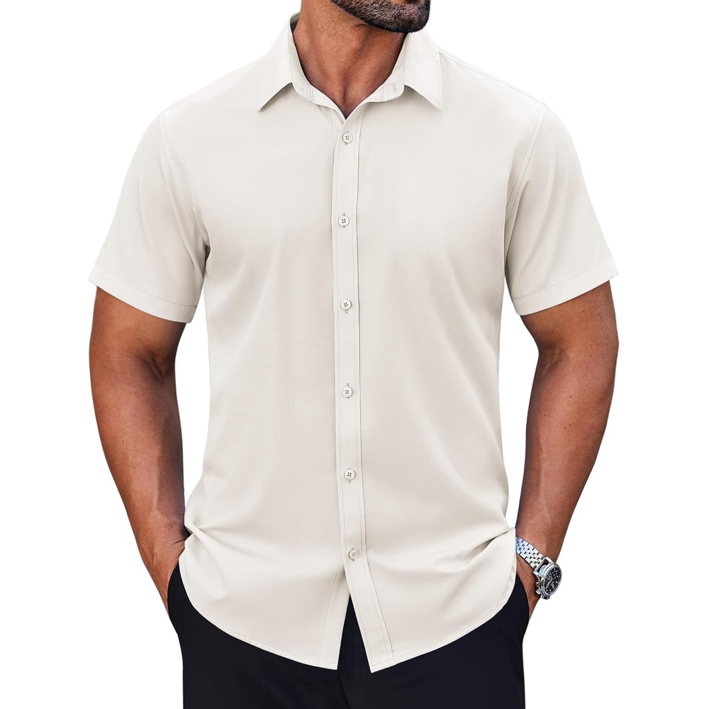image:imageCOOFANDY Mens Short Sleeve Dress Shirts Stretch Wrinkle Free Untucked Casual Button Down ShirtBeige