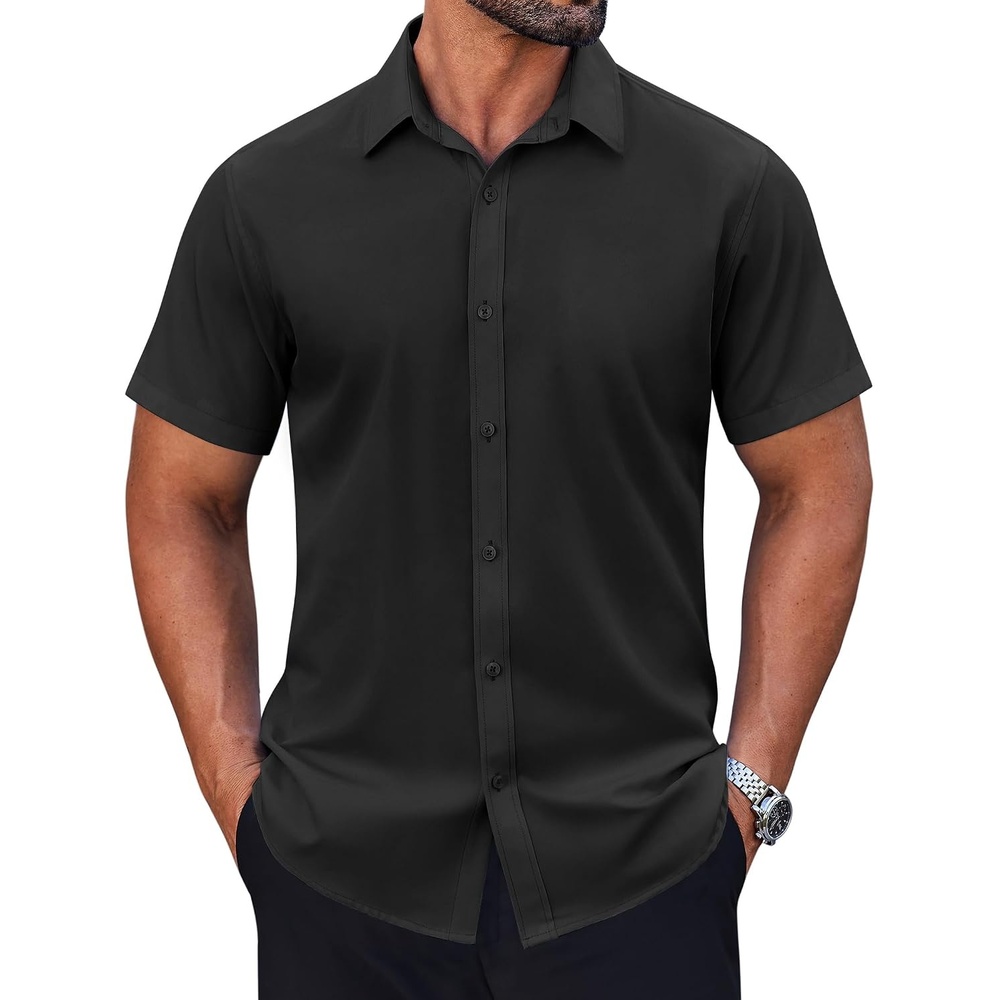 image:imageCOOFANDY Mens Short Sleeve Dress Shirts Stretch Wrinkle Free Untucked Casual Button Down ShirtBlack