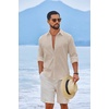 COOFANDY Men’s Casual Button Down Shirts Long Sleeve Cotton Beach Wedding Shirt Summer Linen Shirt for Men(Light Khaki)