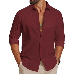 COOFANDY Men’s Casual Button Down Shirts Long Sleeve Cotton Beach Wedding Shirt Summer Linen Shirt for Men(Wine Red)