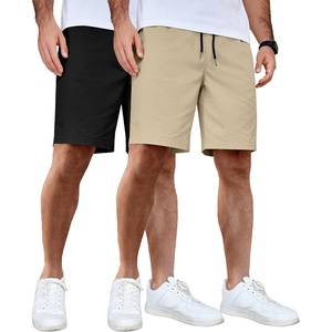 COOFANDY Men’s Casual Shorts Cotton Elastic Waist Drawstring Shorts Lightweight Summer Beach Shorts(2 Pack  Black  Khaki)