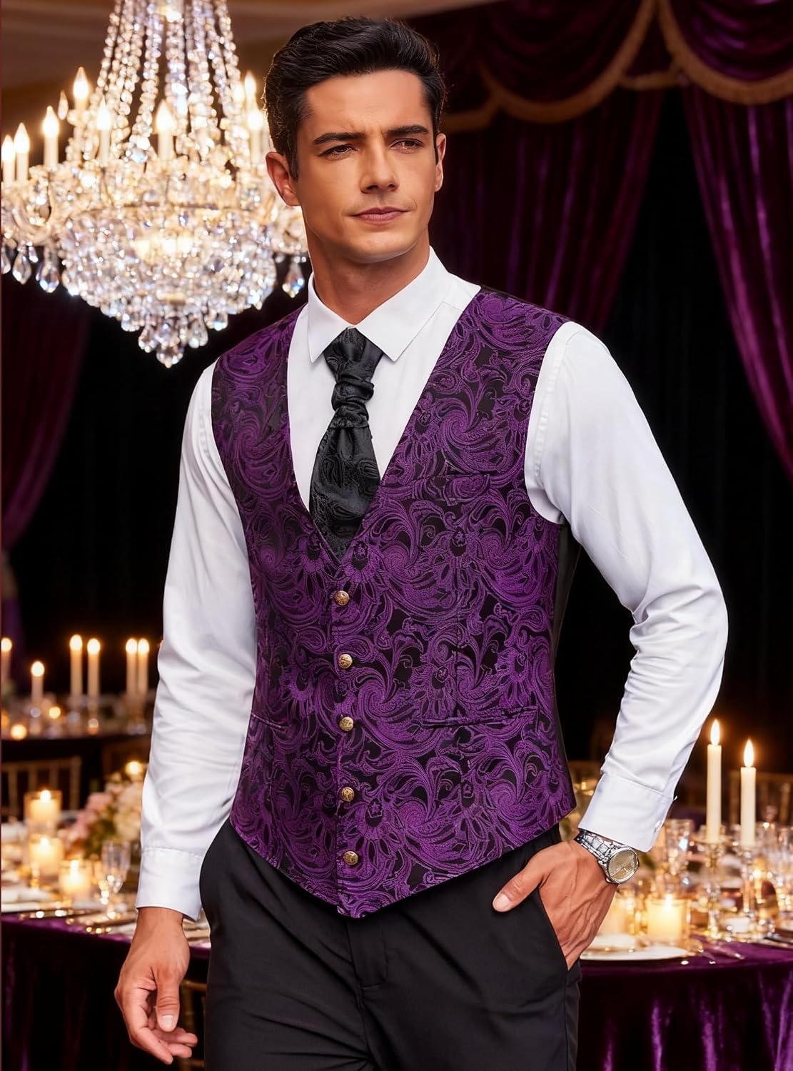 image:imageCOOFANDY Mens Paisley Vests Victorian Steampunk Gothic Suit Vest Slim Fit VNeck Tuxedo WaistcoatPurple