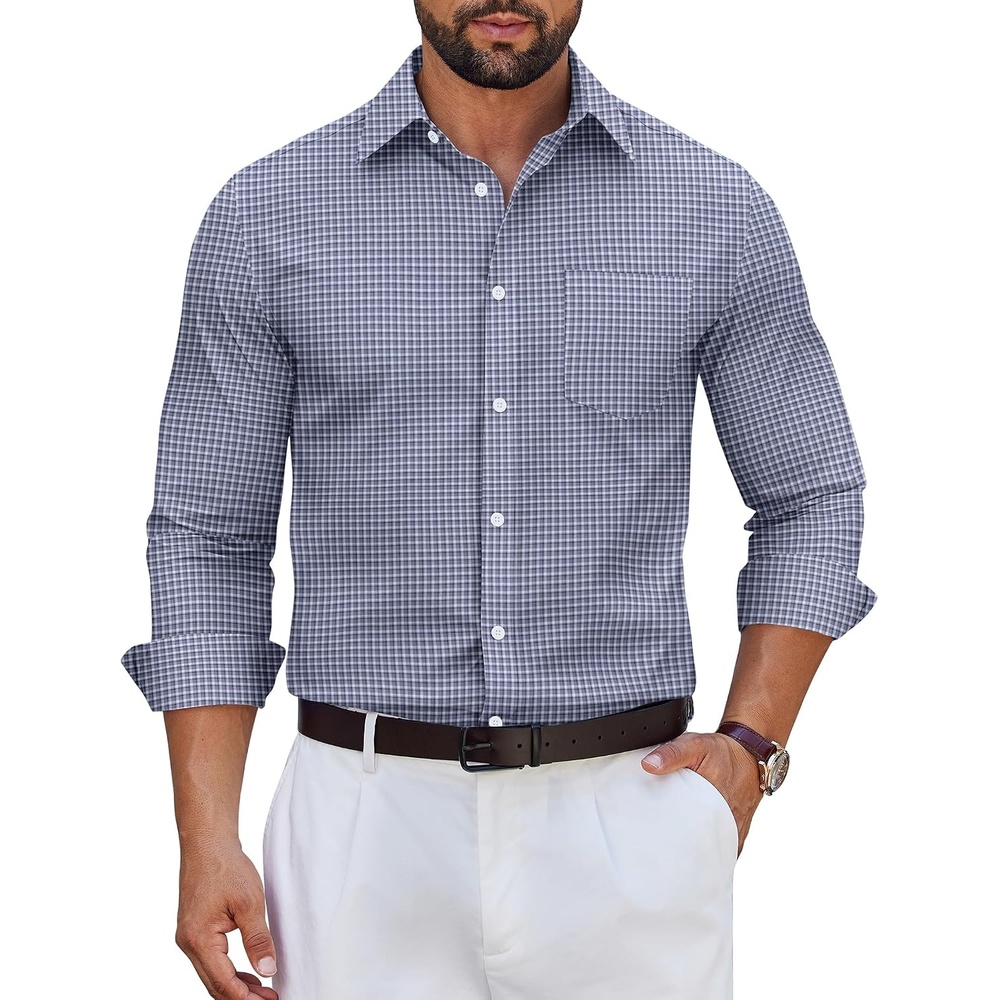 image:imageCOOFANDY Mens Long Sleeve Plaid Button Down Cotton Wrinkle Free Dress ShirtBlack Grey Plaid