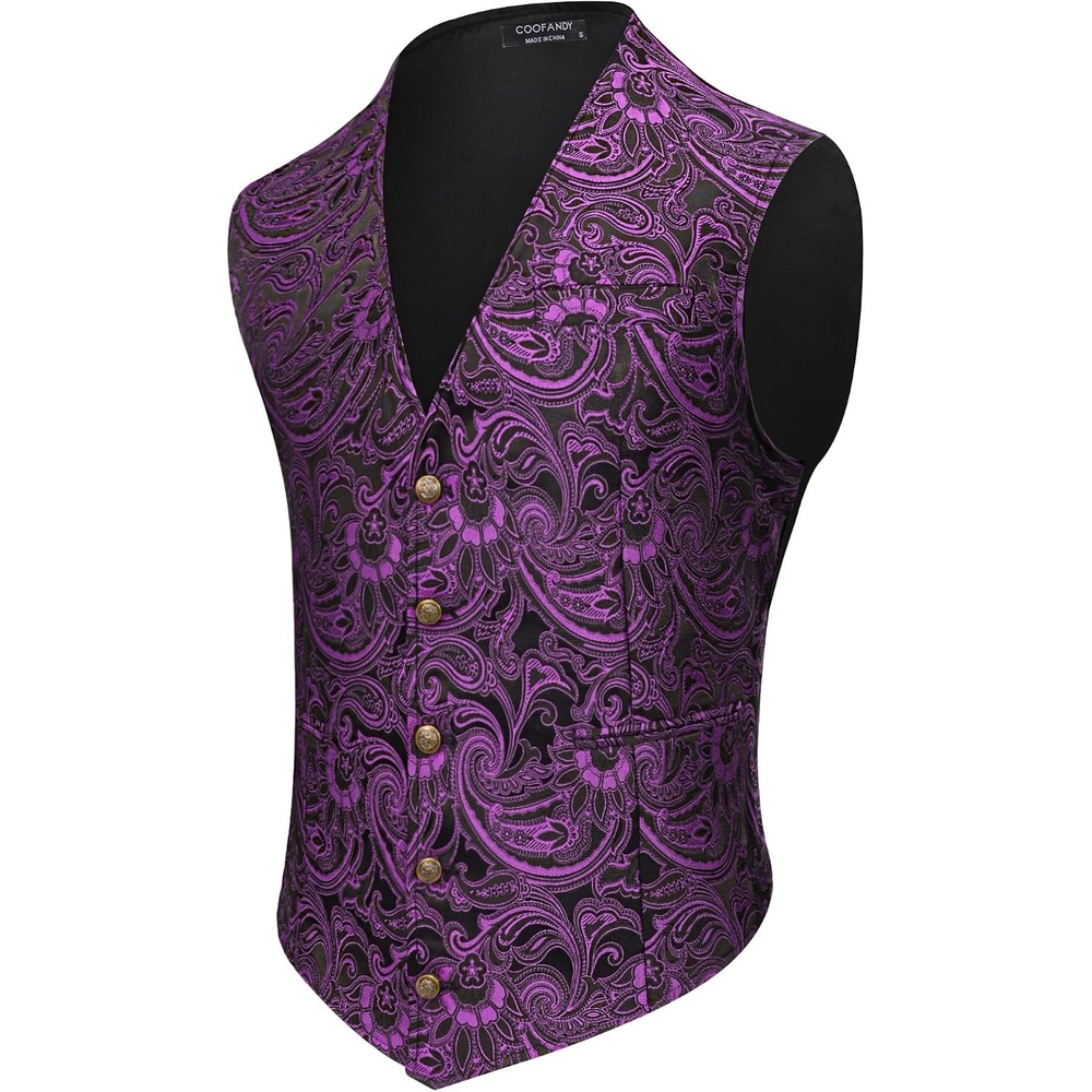 image:imageCOOFANDY Mens Paisley Vests Victorian Steampunk Gothic Suit Vest Slim Fit VNeck Tuxedo WaistcoatPurple