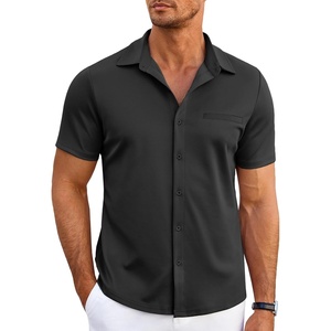 COOFANDY Men Summer Short Sleeve Button Down Stretch Dress Shirt Casual Stylish Slim Fit Muscle Fit Dress Shirt Black