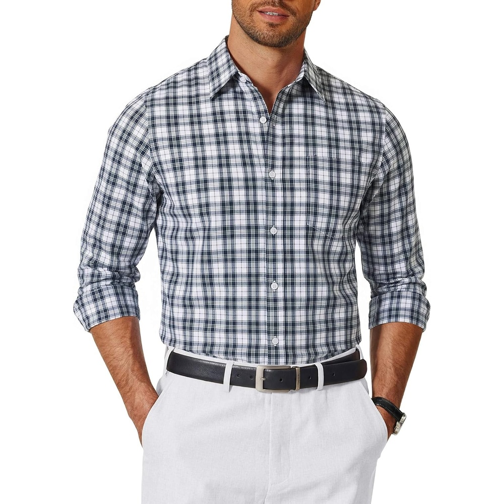 image:imageCOOFANDY Mens Long Sleeve Button Down Shirts Wrinkle Free Dress Shirts Slim Fit Cotton Plaid ShirtDark Green Plaid