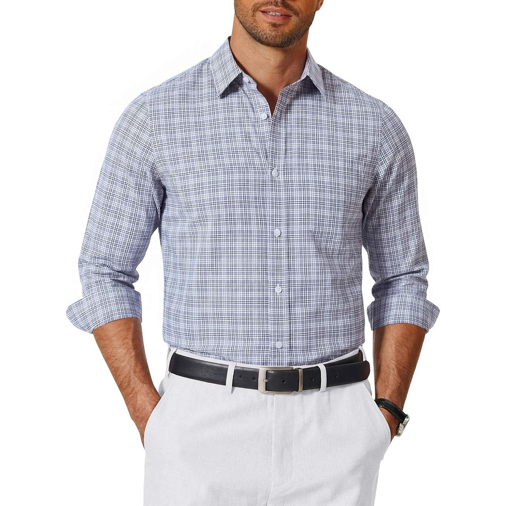 image:imageCOOFANDY Mens Long Sleeve Button Down Shirts Wrinkle Free Dress Shirts Slim Fit Cotton Plaid ShirtGrey Plaid