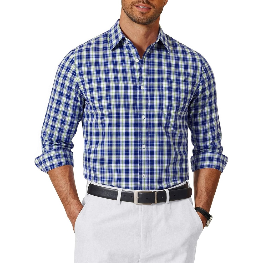 image:imageCOOFANDY Mens Long Sleeve Button Down Shirts Wrinkle Free Dress Shirts Slim Fit Cotton Plaid ShirtNavy Blue Green Plaid