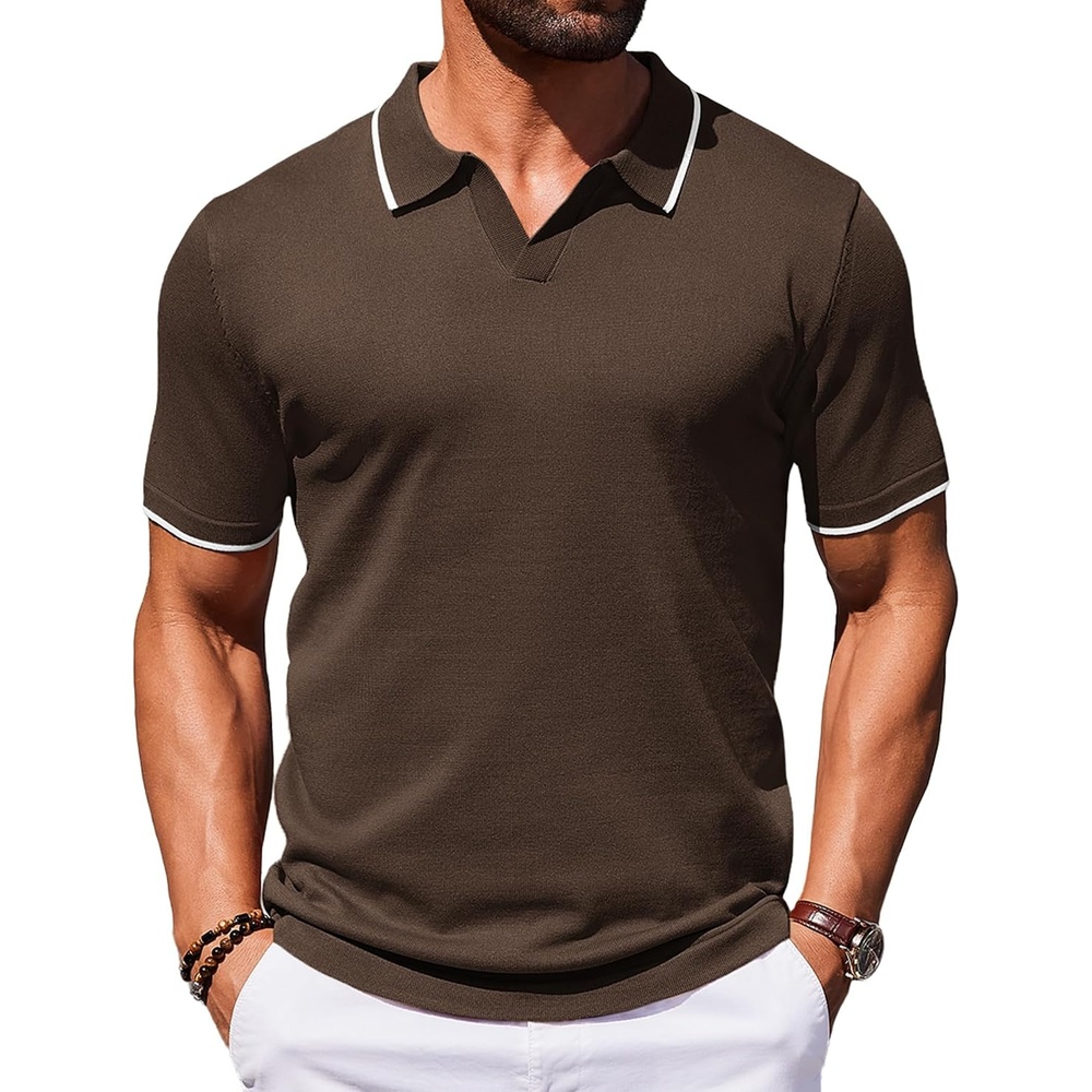 image:imageCOOFANDY Mens Polo Shirts Short Sleeve Casual Knit Polo Shirt Vintage Golf T Shirts Old Money TopsChestnut Brown
