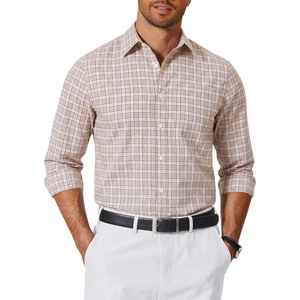 COOFANDY Mens Long Sleeve Button Down Shirts Wrinkle Free Dress Shirts Slim Fit Cotton Plaid Shirt(Khaki Plaid)