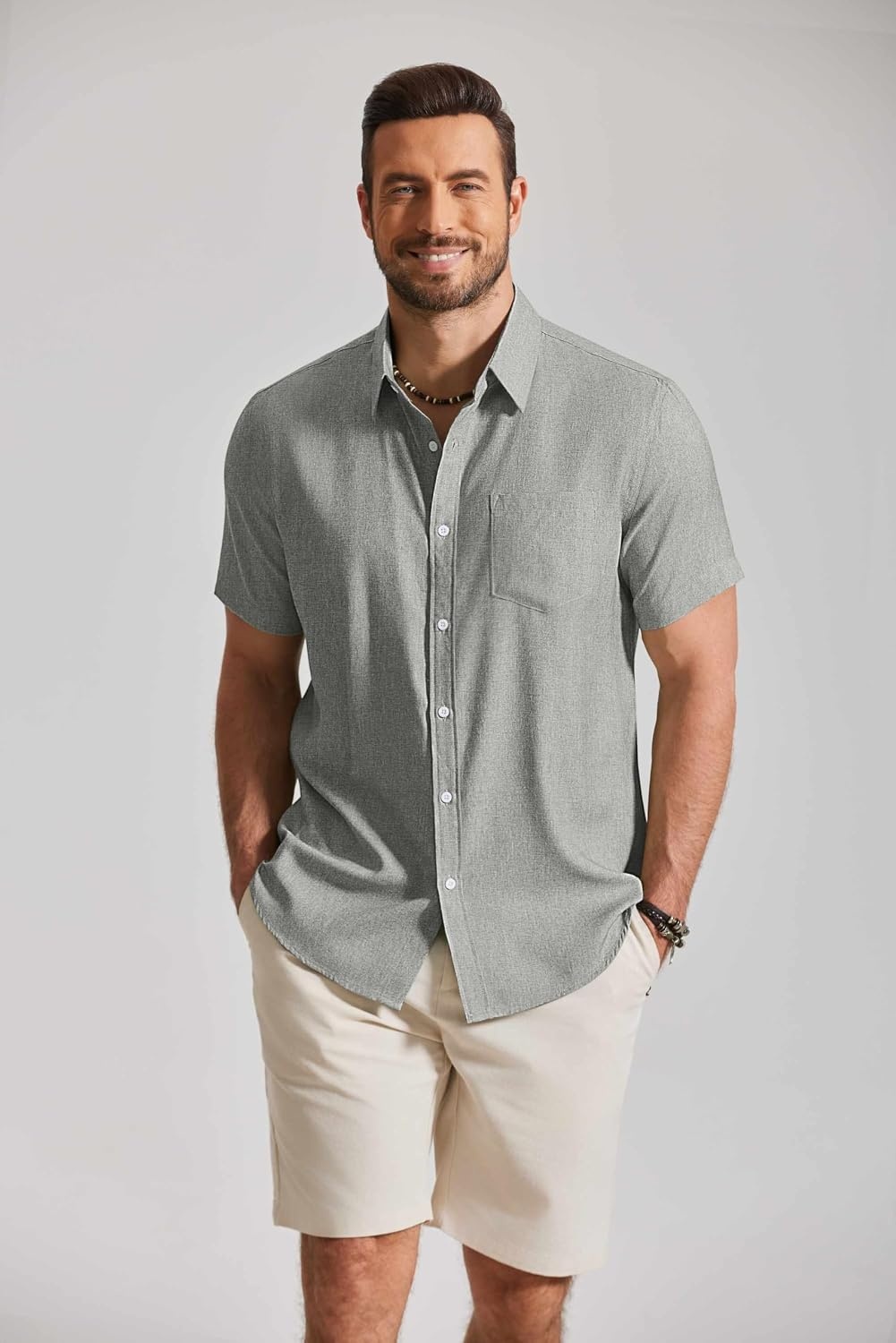 image:imageCOOFANDY Mens Button Down Shirt Short Sleeve Casual Shirts Summer Beach Textured Shirts with PocketGreen