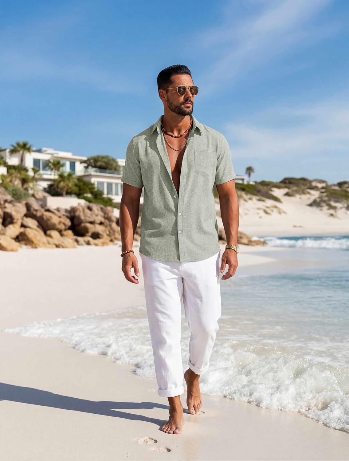 image:imageCOOFANDY Mens Button Down Shirt Short Sleeve Casual Shirts Summer Beach Textured Shirts with PocketGreen