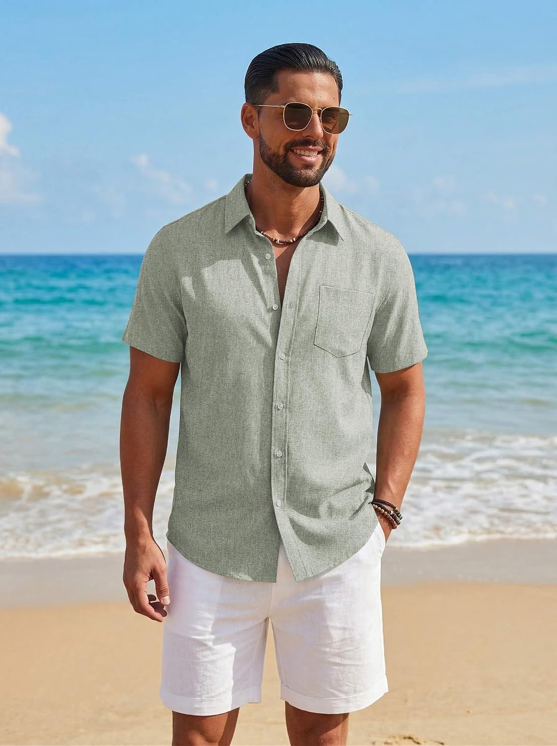 image:imageCOOFANDY Mens Button Down Shirt Short Sleeve Casual Shirts Summer Beach Textured Shirts with PocketGreen