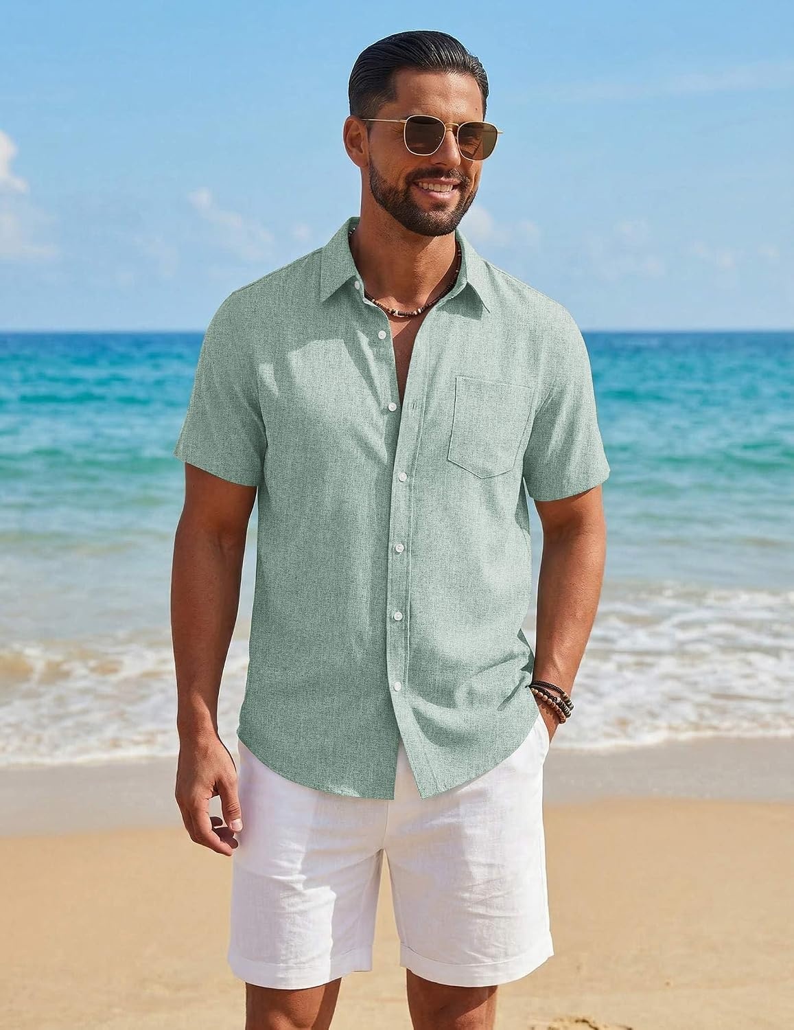image:imageCOOFANDY Mens Button Down Shirt Short Sleeve Casual Shirts Summer Beach Textured Shirts with PocketIce Green