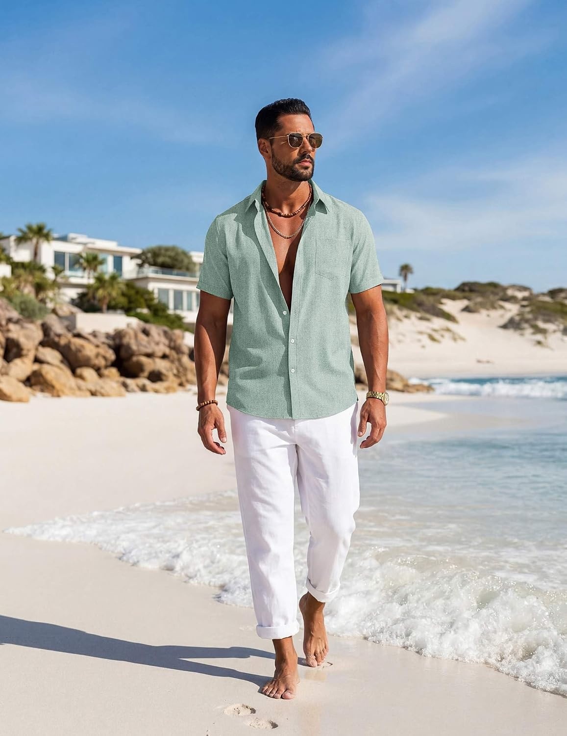image:imageCOOFANDY Mens Button Down Shirt Short Sleeve Casual Shirts Summer Beach Textured Shirts with PocketIce Green