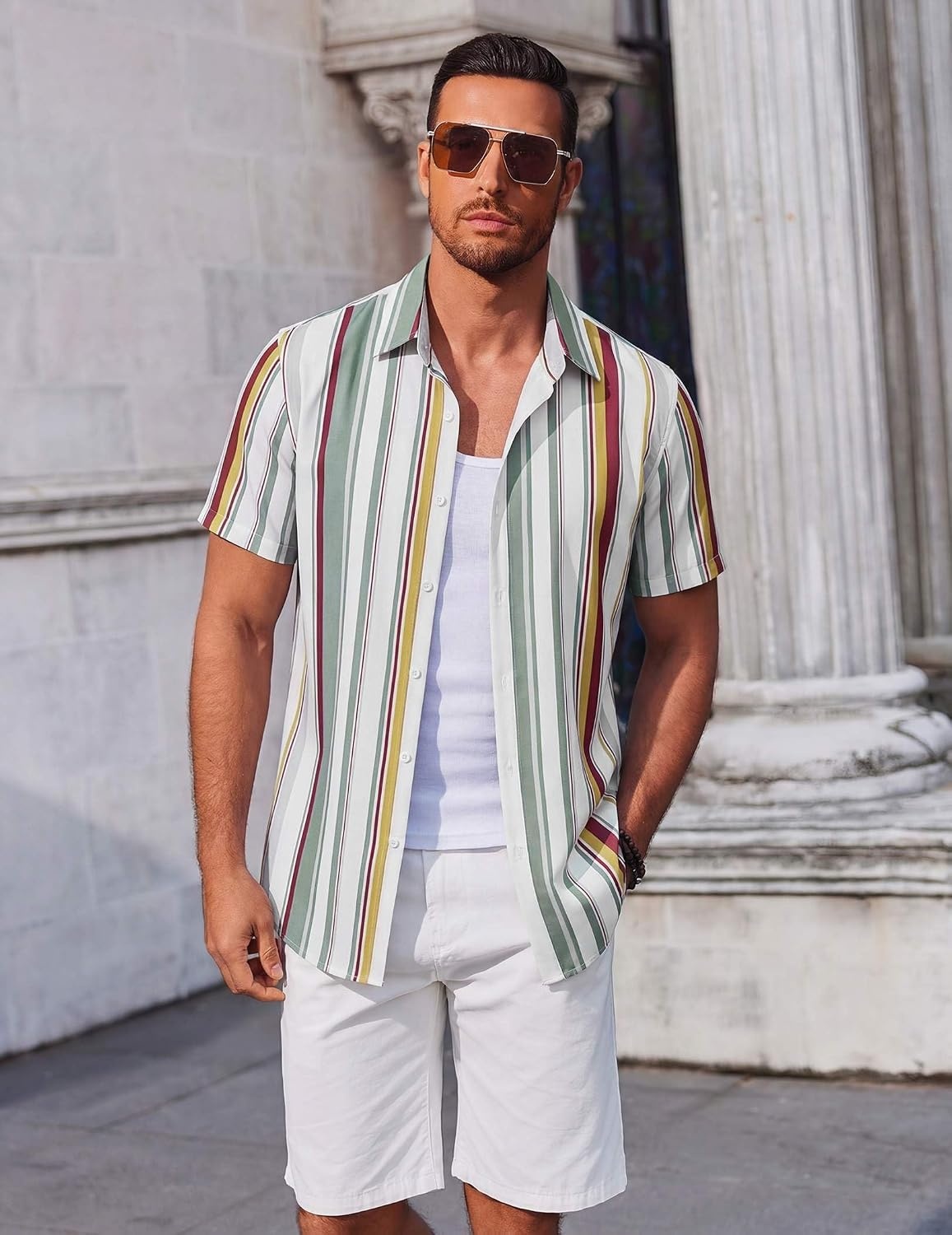 image:imageCOOFANDY Mens Button Down Shirts Short Sleeve Casual Summer Beach Shirts Vacation Wedding ShirtsRetro Stripescolors