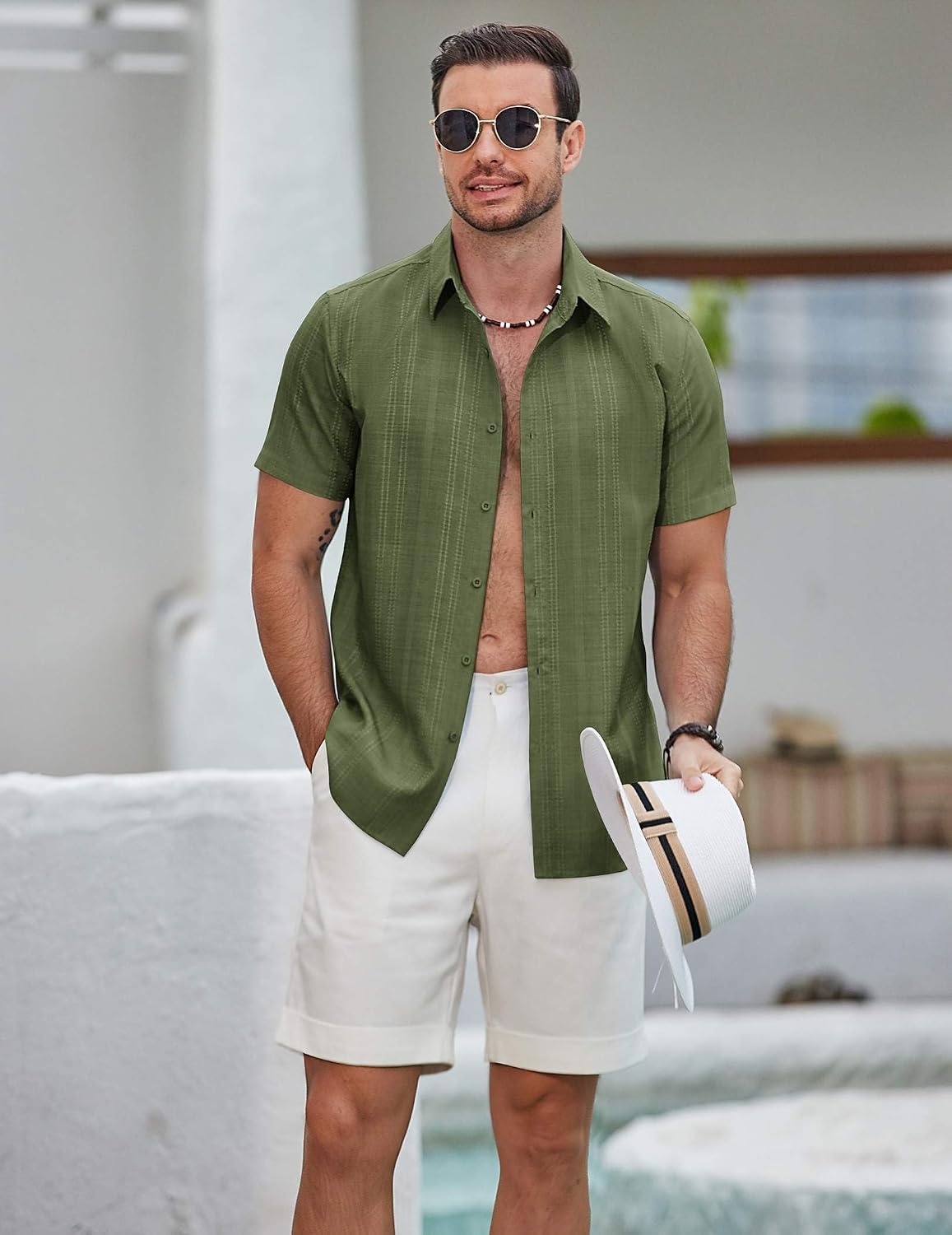 image:imageCOOFANDY Mens Casual Button Down Shirts Short Sleeve Summer Beach Textured ShirtsArmy Green