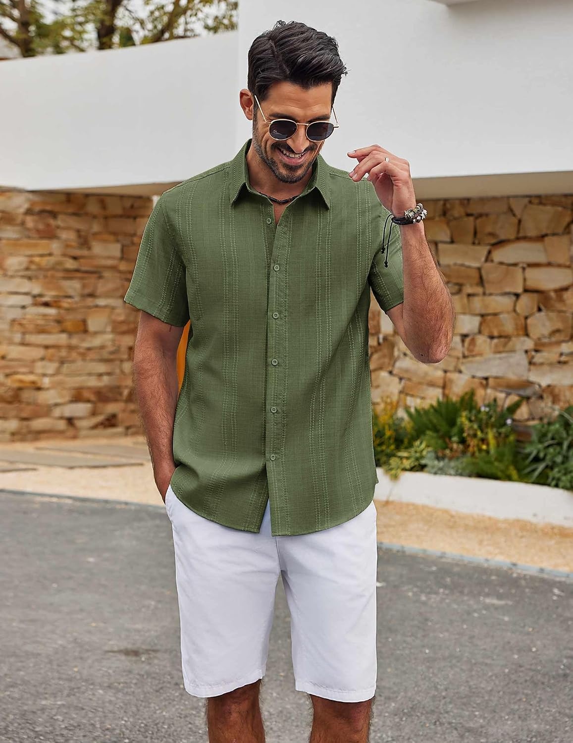 image:imageCOOFANDY Mens Casual Button Down Shirts Short Sleeve Summer Beach Textured ShirtsArmy Green