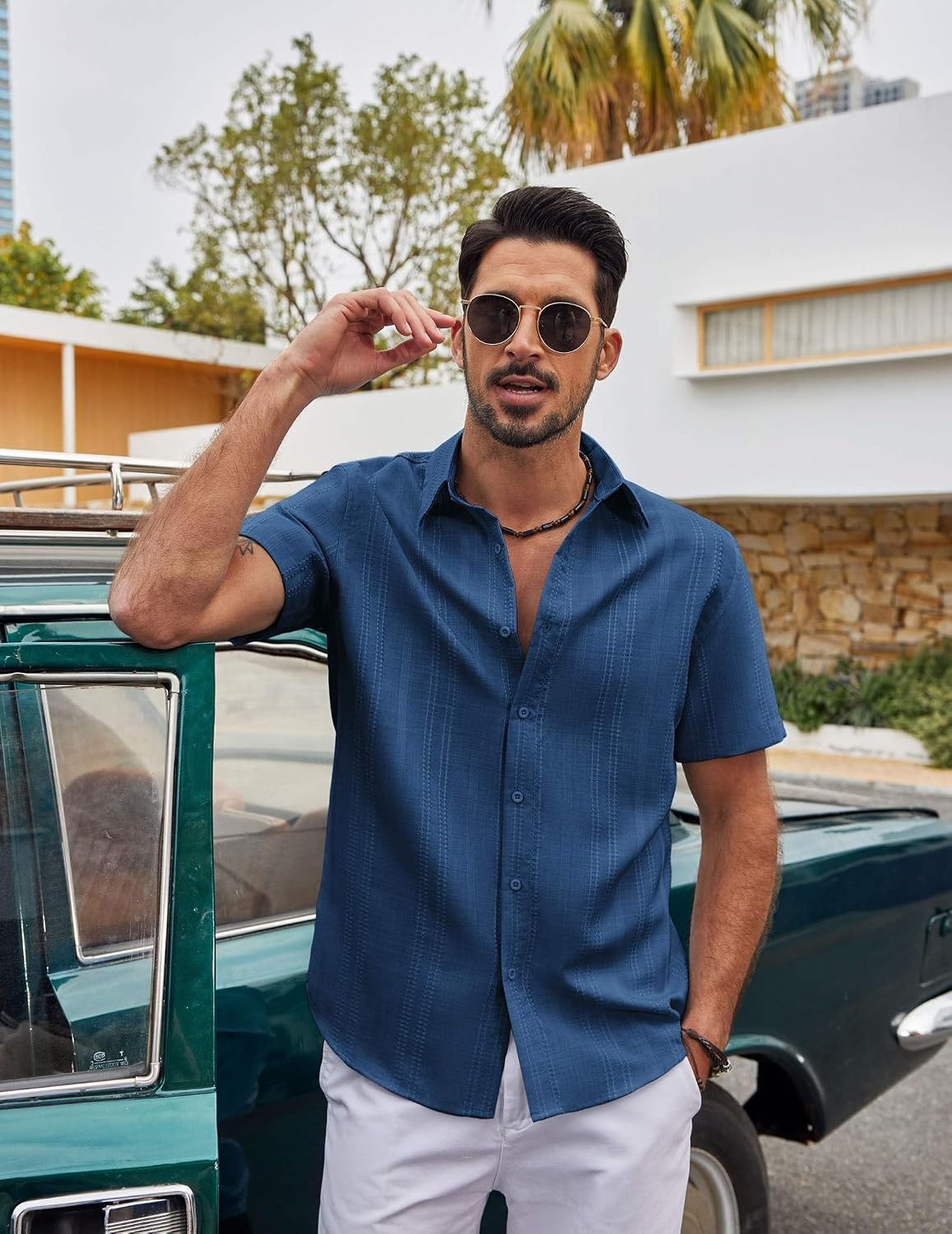 image:imageCOOFANDY Mens Casual Button Down Shirts Short Sleeve Summer Beach Textured ShirtsDark Blue