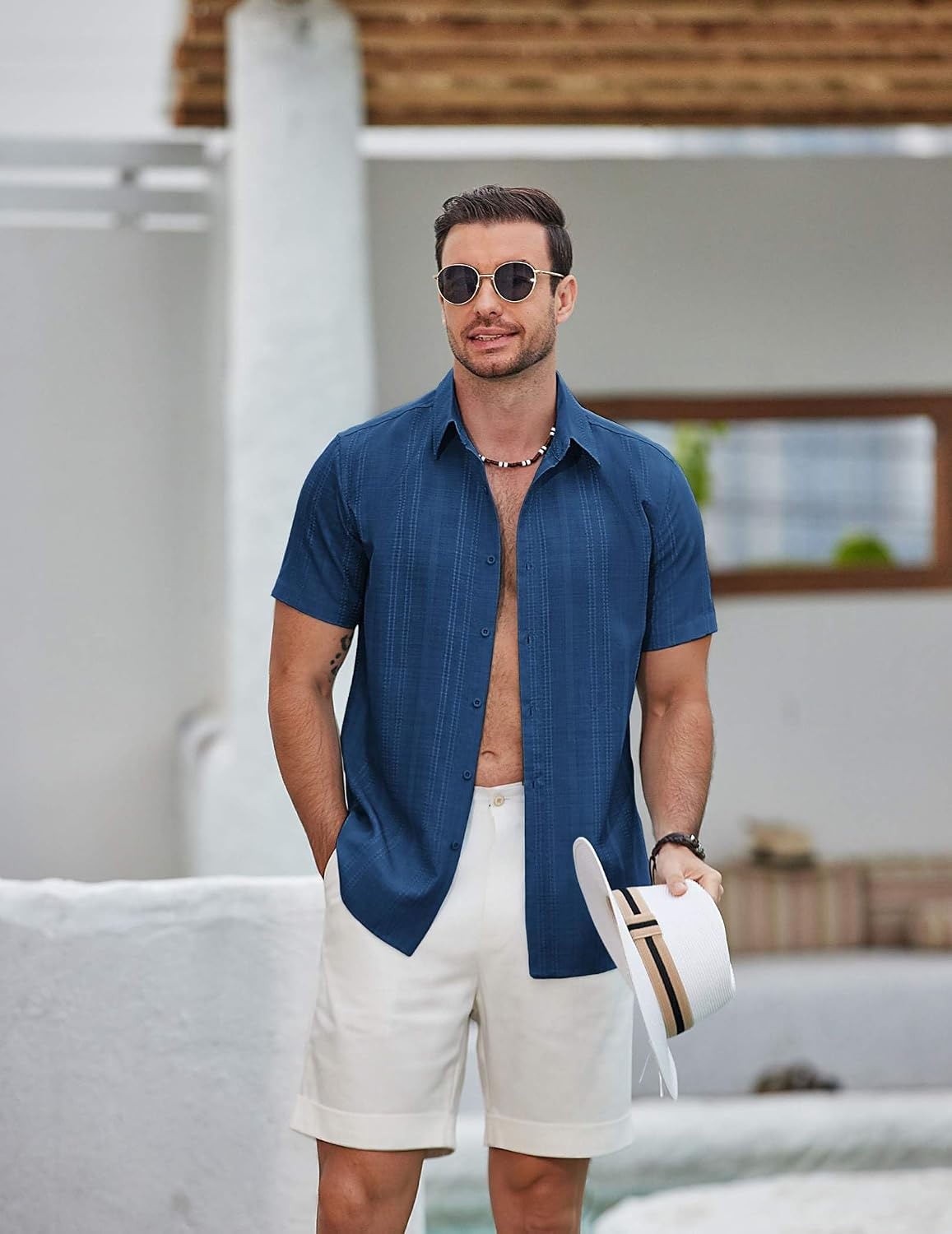 image:imageCOOFANDY Mens Casual Button Down Shirts Short Sleeve Summer Beach Textured ShirtsDark Blue