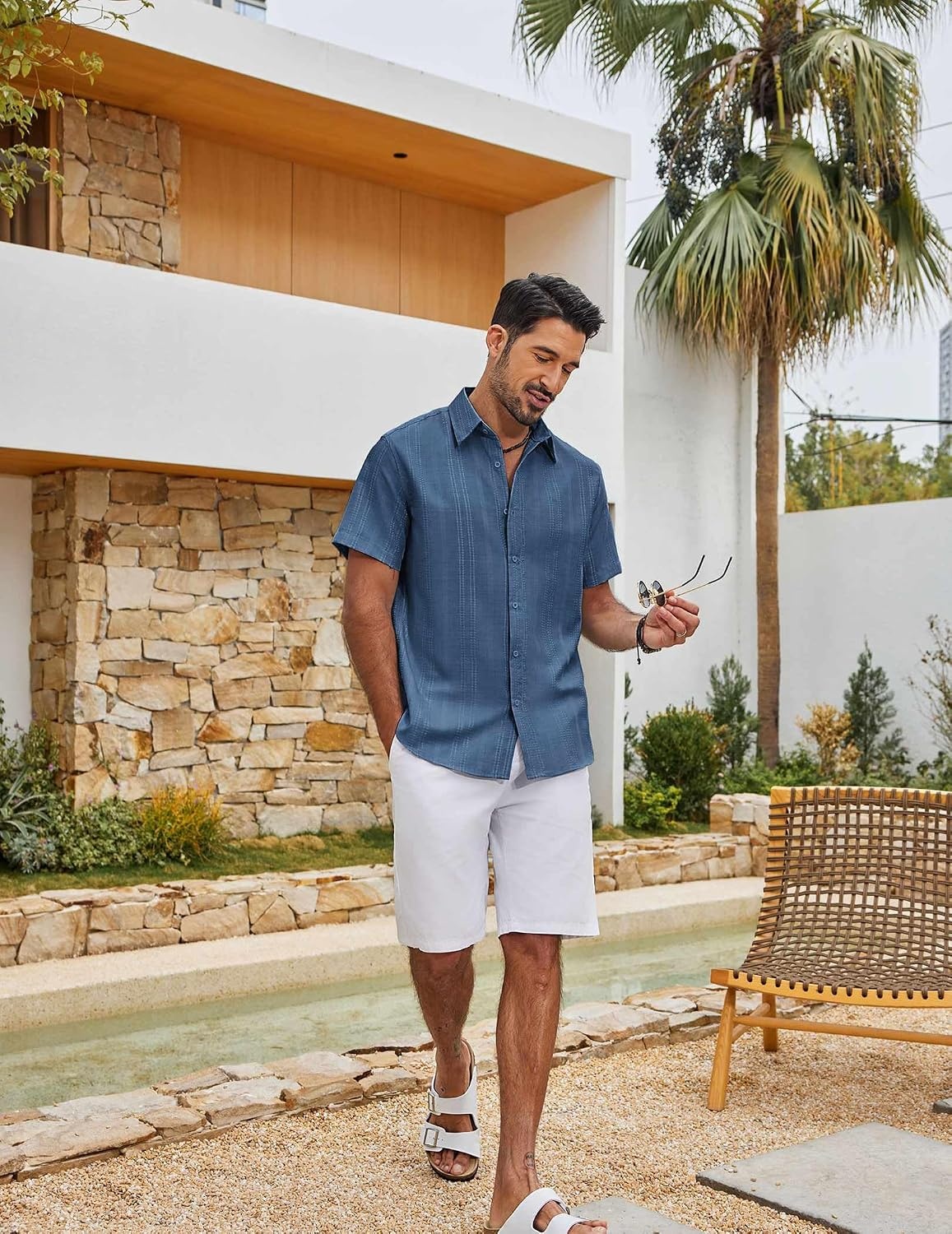 image:imageCOOFANDY Mens Casual Button Down Shirts Short Sleeve Summer Beach Textured ShirtsGray Blue