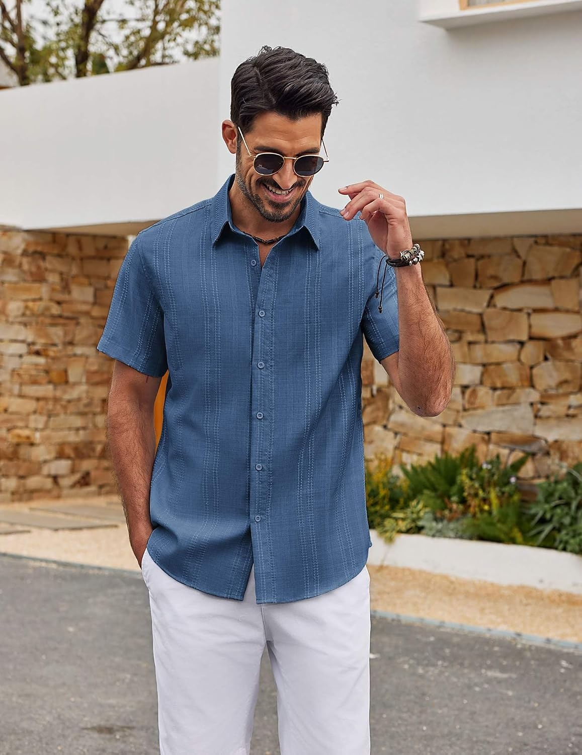 image:imageCOOFANDY Mens Casual Button Down Shirts Short Sleeve Summer Beach Textured ShirtsGray Blue