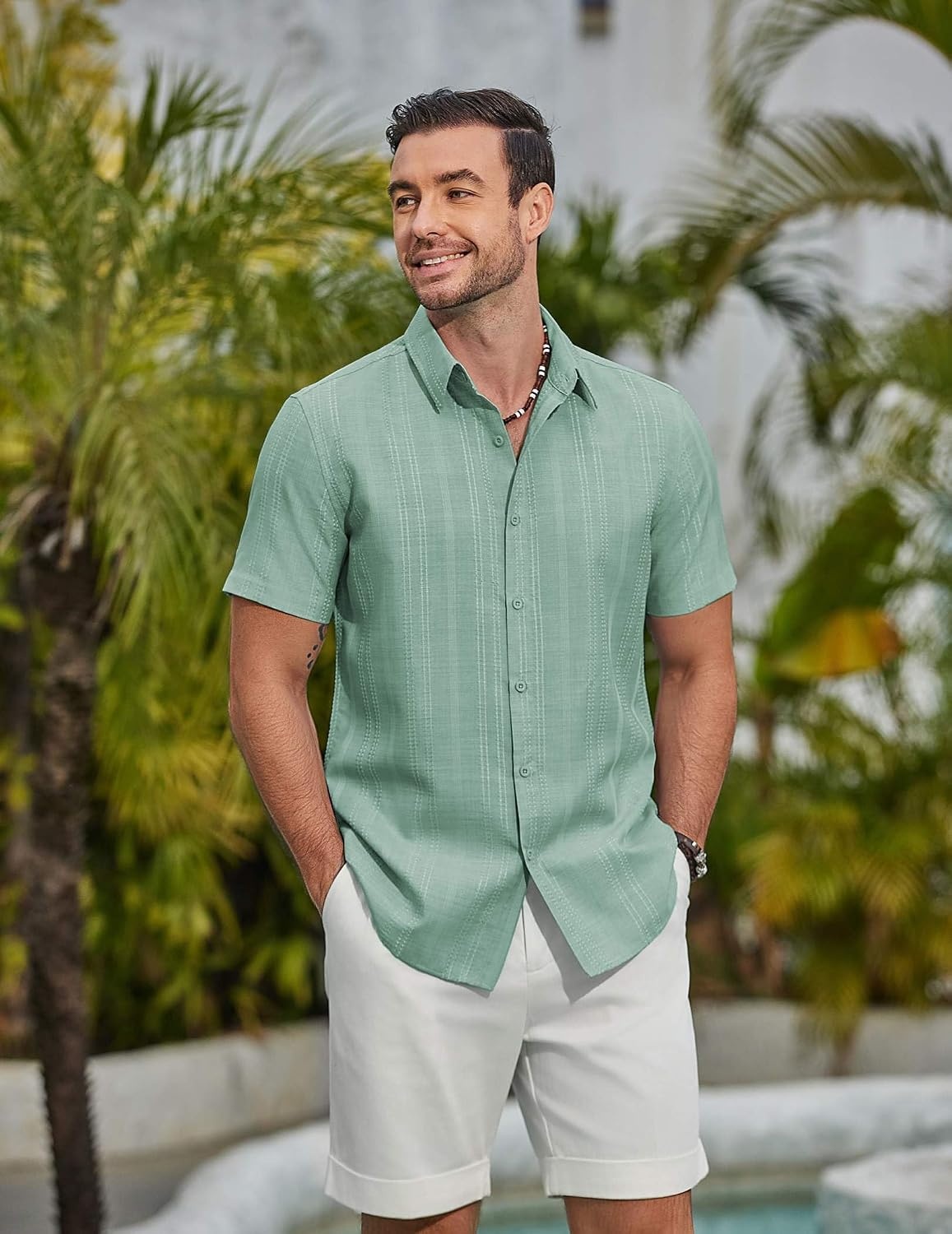 image:imageCOOFANDY Mens Casual Button Down Shirts Short Sleeve Summer Beach Textured ShirtsIce Green
