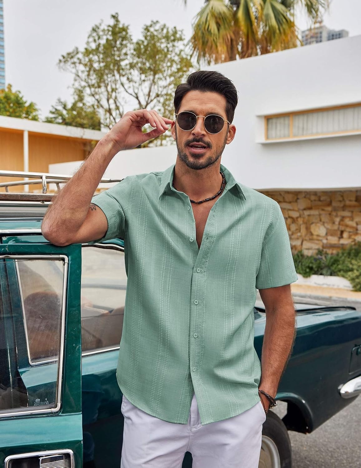 image:imageCOOFANDY Mens Casual Button Down Shirts Short Sleeve Summer Beach Textured ShirtsIce Green