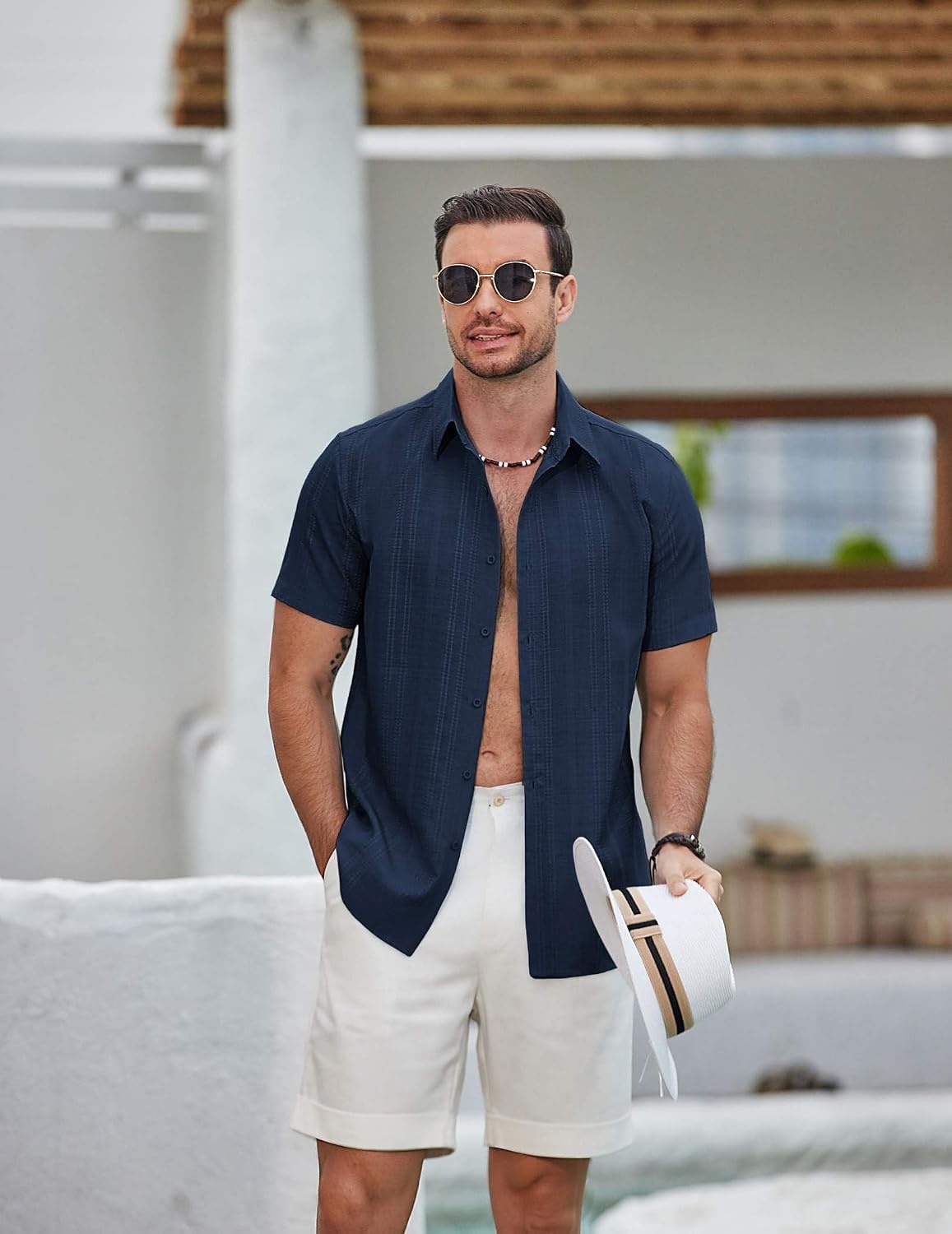 image:imageCOOFANDY Mens Casual Button Down Shirts Short Sleeve Summer Beach Textured ShirtsNavy Blue