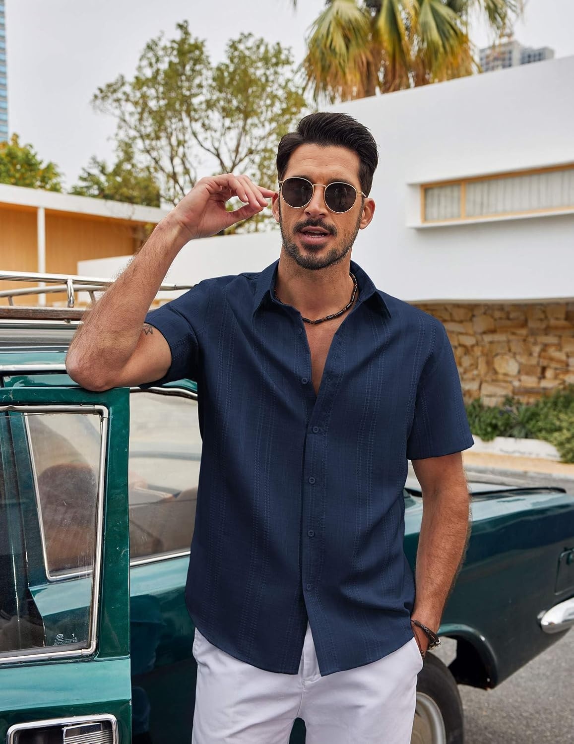 image:imageCOOFANDY Mens Casual Button Down Shirts Short Sleeve Summer Beach Textured ShirtsNavy Blue